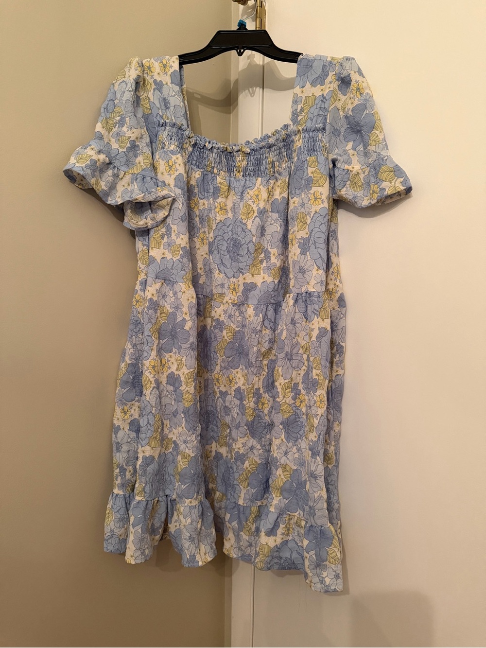 Floral Blue and Cream Smocked Square-Neck Mini Dress